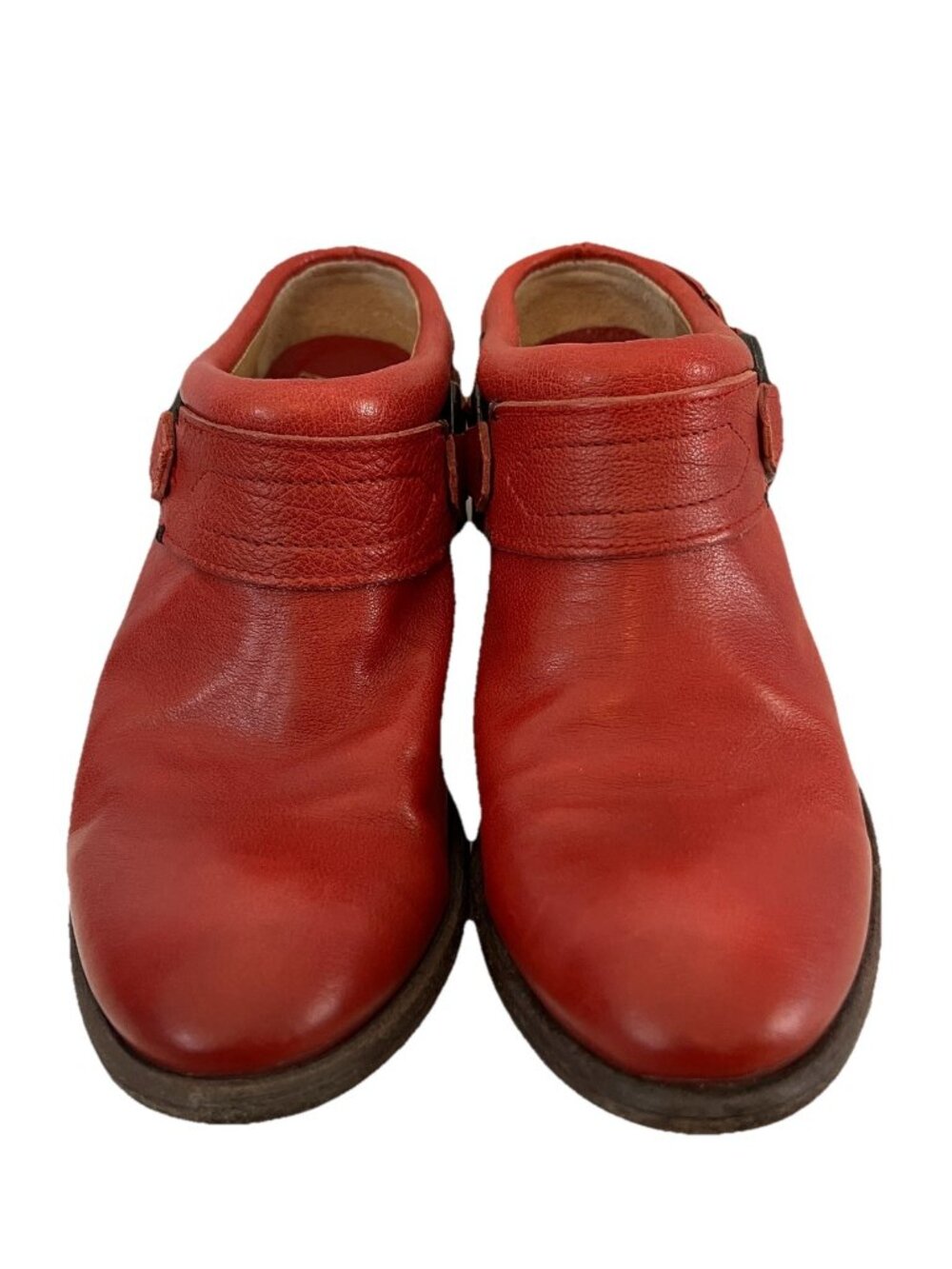 Frye Red Leather Harness Mules 9 Womens Biker Moto Almond Toe Slip On Low Heel - Picture 3 of 11